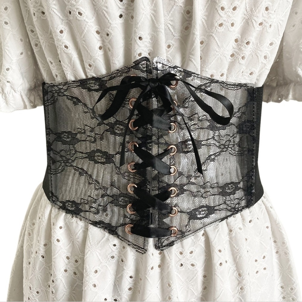 Corset Black Lace up whimsigoth wide waist belt Elastic Sheer Fairy underbust